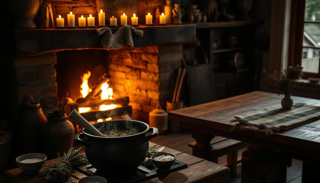 A cozy kitchen scene, dimly lit by the warm glow of a crackling fireplace. In the foreground, a cast-iron cauldron simmers with fragrant herbs and spices, steam drifting upwards. Surrounding the hearth, various ritual tools are arranged - a mortar and pestle, a bundle of dried sage, a small bowl of salt. On the mantel, a row of beeswax candles flicker, casting soft shadows across the room. In the background, a large wooden table is set with a simple linen cloth, a small vase of wildflowers, and the remnants of a homemade meal. The atmosphere is one of quiet contemplation, a sense of the kitchen as a sacred space for transformation and connection with the natural world.