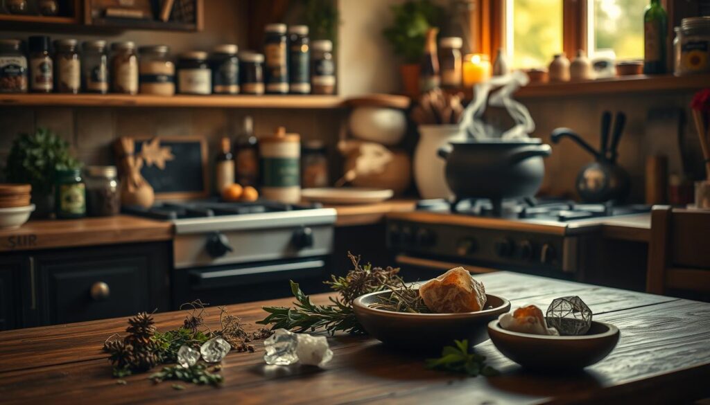 A cozy kitchen scene with an array of natural ingredients and ritual objects. In the foreground, a wooden table is set with a selection of herbs, crystals, and a small bowl of water. Midground, a cast-iron cauldron simmers on the stove, emitting tendrils of aromatic steam. In the background, shelves hold jars of spices, oils, and other witchy provisions. Soft, warm lighting filters through the window, casting a golden glow over the scene. The atmosphere is serene, inviting, and imbued with a sense of soothing, nourishing magic.