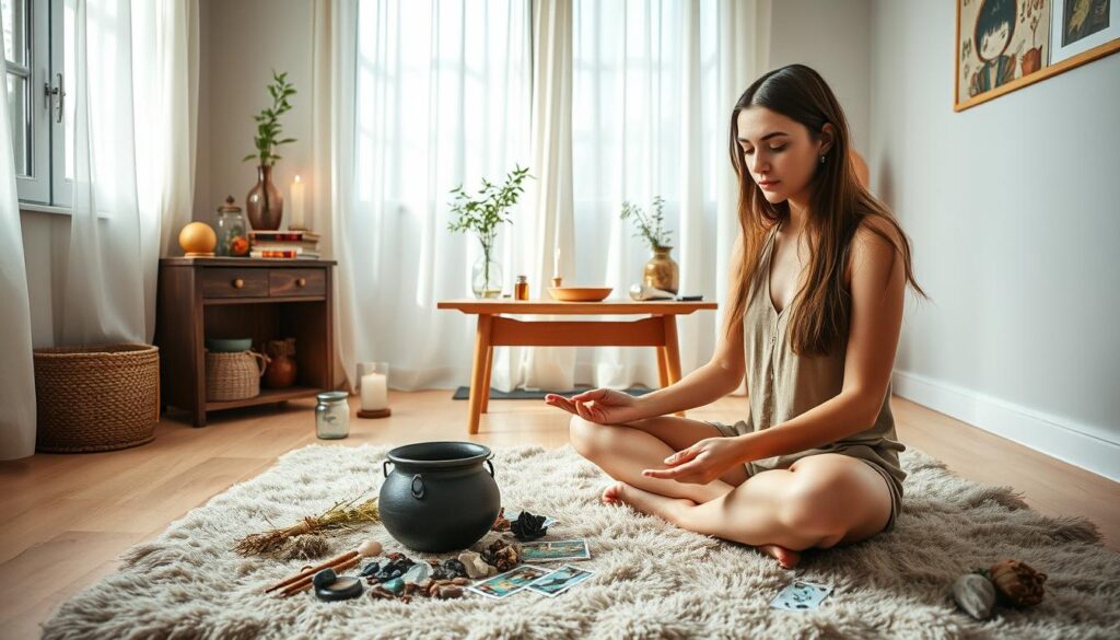 A cozy, minimalist home interior with natural light filtering through sheer curtains. In the foreground, a young woman sits cross-legged on a plush rug, surrounded by various objects - a small cauldron, a bundle of dried herbs, a cluster of crystals, and a few tarot cards scattered on the floor. She has a serene, focused expression as she performs a simple ritual, her hands gently moving over the items. The middle ground features a wooden altar table topped with more natural elements - a candle, a small bowl of water, and a sprig of fresh greenery. In the background, shelves hold an eclectic collection of books, jars, and decorative items, creating a sense of warmth and personal spirituality.