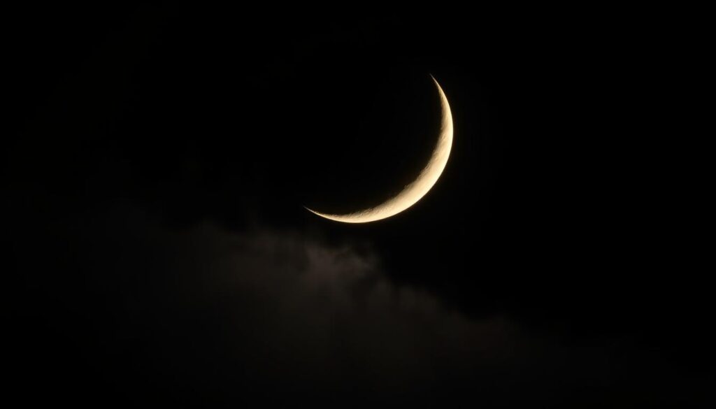 A crescent moon in the night sky, waxing with a sliver of light. The lunar surface is illuminated with a soft, ethereal glow, casting a gentle luminescence across the darkened landscape below. Wispy, translucent clouds drift lazily, creating an aura of mysticism. The moon's phase is captured in precise detail, showcasing the delicate, curved sickle shape and the subtle shadows that define its form. The overall scene evokes a sense of growth, renewal, and the subtle power of the moon's waxing influence. Lighting is low-key, with a warm, moonlit ambiance. The camera angle is slightly elevated, providing a sweeping, contemplative view of the celestial phenomenon.