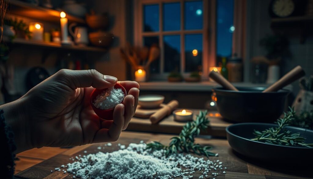 A dimly lit kitchen, illuminated by the warm glow of candlelight and the soft hues of herbs and spices. In the foreground, a witch's hand carefully measures ingredients, infusing each pinch with intention. Crystalline salt grains sparkle like stars, while fragrant sage and rosemary create a sensory tapestry. The middle ground reveals a wooden cutting board, a mortar and pestle, and a cast-iron skillet – tools of the craft, imbued with the energy of past rituals. In the background, the kitchen window offers a glimpse of the night sky, a reminder of the cosmic forces that guide this sacred practice. The atmosphere is one of reverence, as the witch weaves their magic through the act of nourishing.