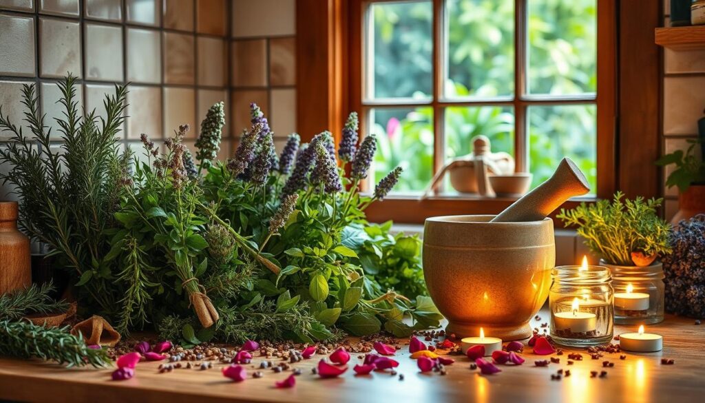 A kitchen counter overflowing with an assortment of fragrant herbs and spices, including rosemary, sage, thyme, lavender, and bay leaves. The lighting is warm and golden, casting a soft, inviting glow over the scene. In the foreground, a mortar and pestle stand ready, surrounded by scattered petals and a few small candles flickering softly. In the background, a window overlooking a lush, verdant garden frames the composition, hinting at the connection between the kitchen and the natural world. The overall atmosphere is one of wholesome, earthy magic, welcoming the viewer to explore the ritual and practical aspects of kitchen witchcraft.