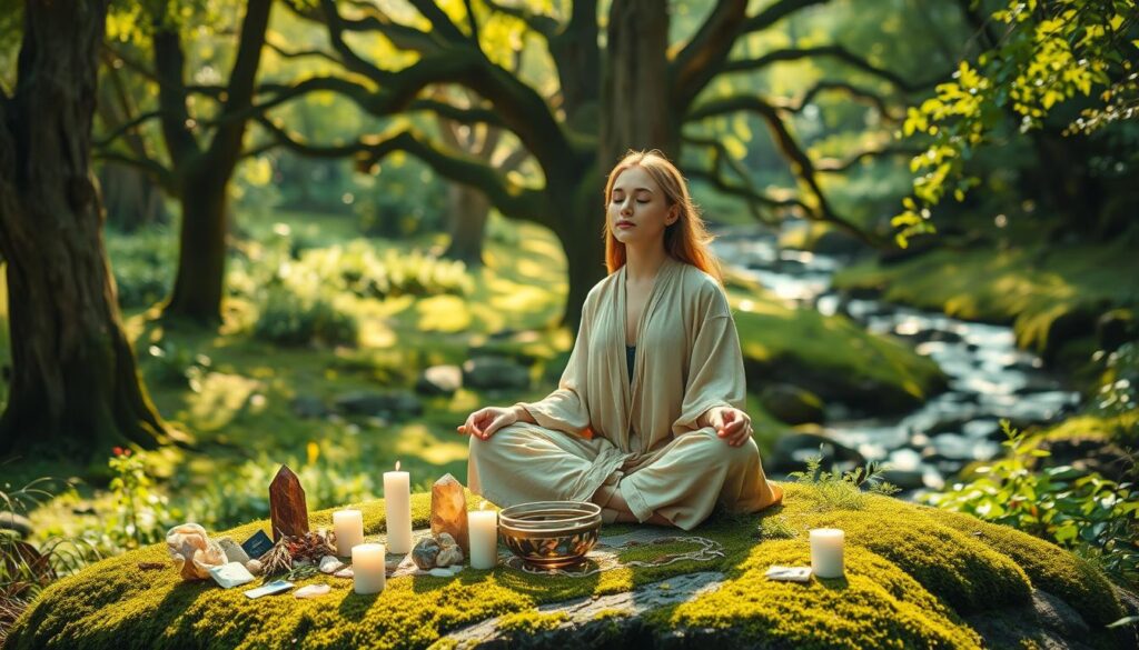 A lush, verdant forest glade bathed in soft, golden sunlight. In the foreground, a young woman in flowing, natural-toned robes sits cross-legged on a moss-covered rock, her eyes closed in meditation. Surrounding her are various natural elements - crystals, herbs, candles, and a small bowl of water, all arranged in a ritualistic pattern. In the middle ground, ancient trees sway gently, their branches casting dappled shadows. The background reveals a tranquil stream winding through the undergrowth, its soothing sounds creating a peaceful ambiance. The overall atmosphere evokes a sense of harmony, connection, and grounded spiritual practice.
