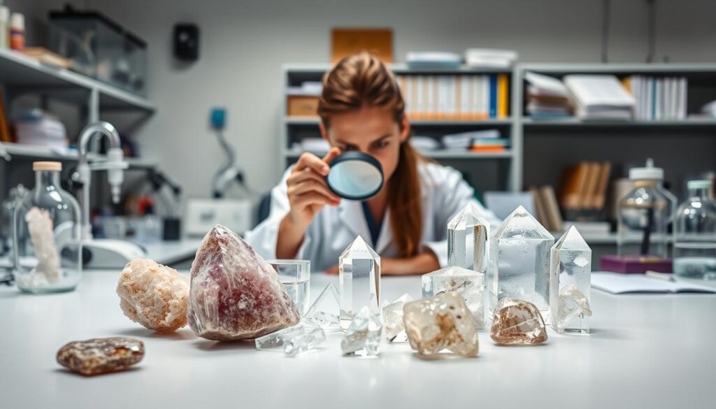 A research laboratory filled with scientific instruments and glassware. In the foreground, a group of crystal specimens are displayed on a well-lit, glossy table, their intricate structures and facets capturing the viewer's attention. The middle ground features a researcher in a white lab coat, examining the crystals through a magnifying glass, their expression one of deep concentration. In the background, shelves of reference books and notes suggest an environment of scholarly inquiry. Soft, diffused lighting creates a contemplative atmosphere, inviting the viewer to consider the scientific investigation of crystal healing.