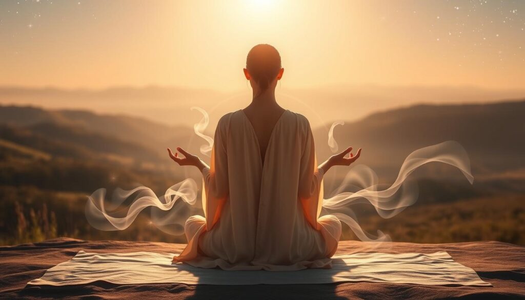 A serene, mystical scene of energy balancing techniques. In the foreground, a feminine figure in flowing robes sits cross-legged, palms facing upwards in a meditative pose. Soft, warm light illuminates her from above, casting a tranquil glow. In the middle ground, wispy, ethereal energy flows and swirls around her, emanating from her hands. The background depicts a tranquil, natural landscape - rolling hills, a distant forest, and a clear, starry sky. An atmosphere of harmony, inner peace, and spiritual rejuvenation pervades the entire scene.