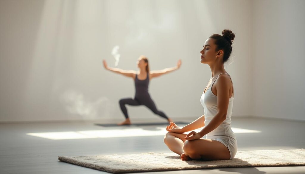 A tranquil scene of mindful meditation and yoga rituals unfolds in a serene, minimalist studio. In the foreground, a yogi sits cross-legged on a plush mat, eyes closed in deep contemplation, bathed in soft, natural light. Wispy wisps of incense drift through the air, creating a hazy, ethereal atmosphere. In the middle ground, another practitioner flows gracefully through a series of asanas, their movements fluid and purposeful. The background features a simple, neutral-toned wall, allowing the subjects to be the focal point. The overall mood is one of deep introspection, balance, and nourishment for the mind, body, and spirit.